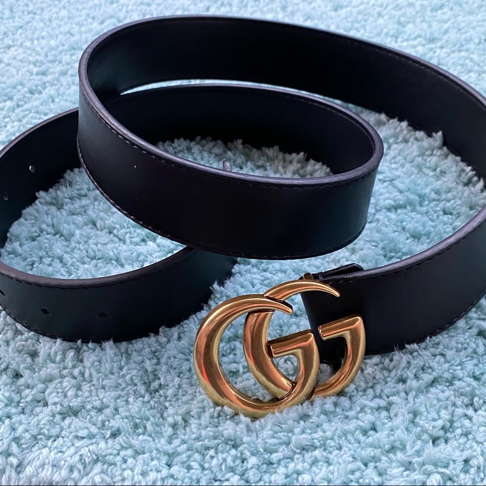 Never Worn Double G GG Leather Belt Black Brass Gold Womens & Mens 100cm/40in